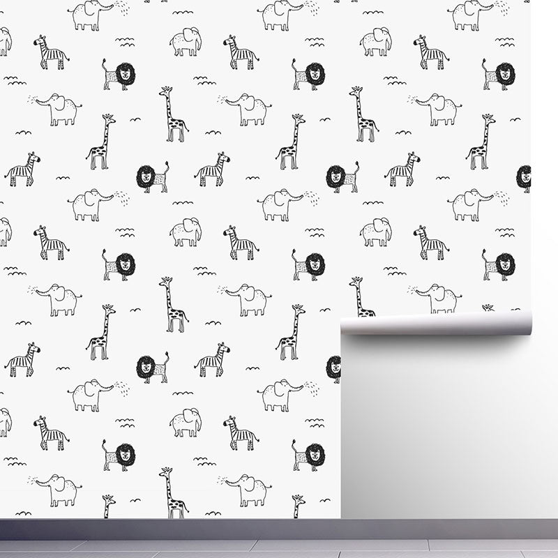 Contemporary Wall Covering Grey and White Giraffe and Elephant Wallpaper Roll, 29.1 sq ft. Clearhalo 'Wall Decor' 'Wallpaper' 1883532