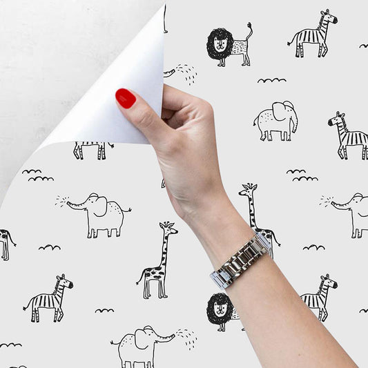 Contemporary Wall Covering Grey and White Giraffe and Elephant Wallpaper Roll, 29.1 sq ft. Clearhalo 'Wall Decor' 'Wallpaper' 1883534