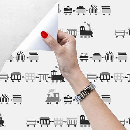 Black and White Wall Art 29.1 sq ft. Cartoon Train Wallpaper Roll for Children, Self-Adhesive Clearhalo 'Wall Decor' 'Wallpaper' 1883540