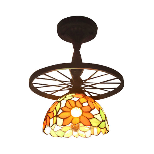 1 Head Grid Dome Ceiling Light with Sunflower/Victorian/Diamond/Square Pattern Tiffany Antique Glass Semi Flush Mount Light in Orange for Hallway Clearhalo 'Ceiling Lights' 'Close To Ceiling Lights' 'Close to ceiling' 'Glass shade' 'Glass' 'Semi-flushmount' 'Tiffany close to ceiling' 'Tiffany' Lighting' 188355