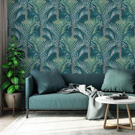 Tropical Palm Leaves Wall Art in Neutral Color Living Room Wallpaper Roll, 20.5 in x 33 ft Blackish Green Clearhalo 'Modern wall decor' 'Modern' 'Wallpaper' Wall Decor' 1883571