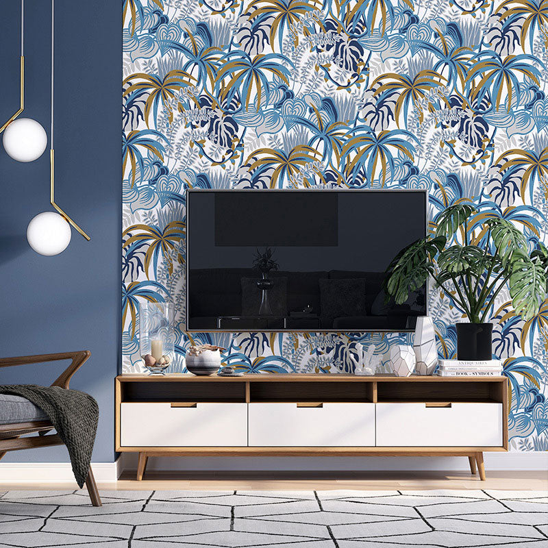 Illustration Banana Leaves Wall Art Non-Woven Wallpaper for Guest Room, 33-foot x 20.5-inch Blue Clearhalo 'Modern wall decor' 'Modern' 'Wallpaper' Wall Decor' 1883596