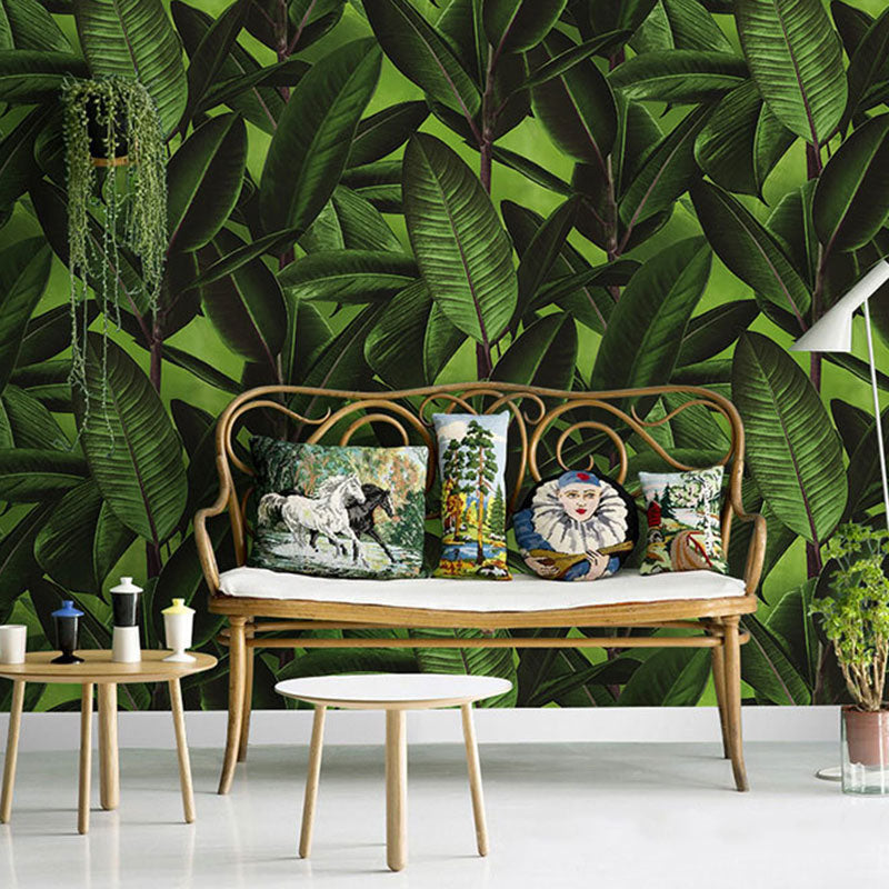 Contemporary Wallpaper Roll for Theme Restaurant Decor with Banana Leaves Design in Green Green Clearhalo 'Modern wall decor' 'Modern' 'Wallpaper' Wall Decor' 1883627