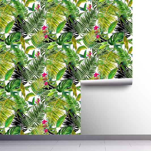 Green and Red Minimalist Wallpaper 29.1 sq ft. Palm Tree Wall Covering for Thai Restaurant Clearhalo 'Modern wall decor' 'Modern' 'Wallpaper' Wall Decor' 1883660