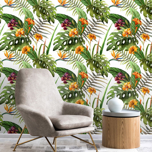 Green Palm Tree Wall Covering Stain-Resistant Wallpaper Roll for Accent Wall, Self-Adhesive Clearhalo 'Modern wall decor' 'Modern' 'Wallpaper' Wall Decor' 1883671