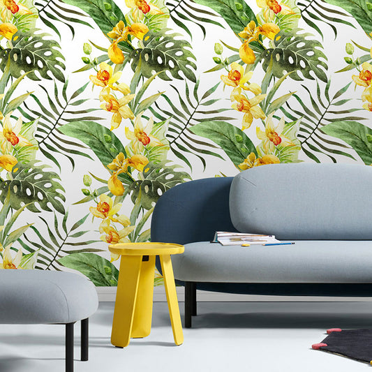 Palm Leaves Wallpaper Roll for Thai Restaurant Blossoms Wall Art in Green and Yellow, Stain-Resistant, Easy to Remove Yellow-Green Clearhalo 'Modern wall decor' 'Modern' 'Wallpaper' Wall Decor' 1883676