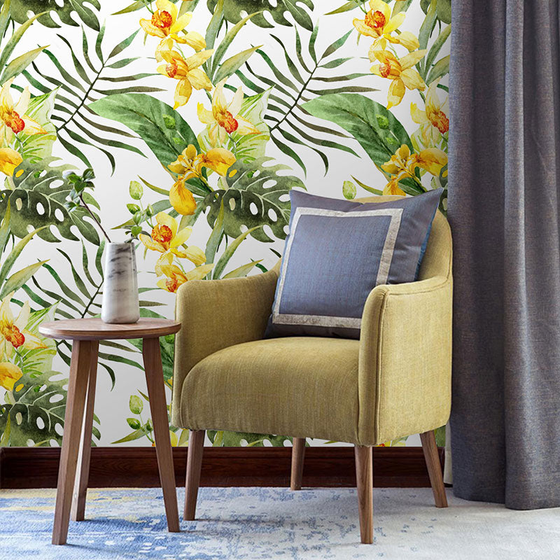 Palm Leaves Wallpaper Roll for Thai Restaurant Blossoms Wall Art in Green and Yellow, Stain-Resistant, Easy to Remove Clearhalo 'Modern wall decor' 'Modern' 'Wallpaper' Wall Decor' 1883677