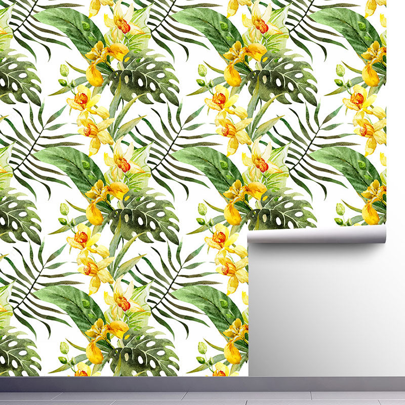 Palm Leaves Wallpaper Roll for Thai Restaurant Blossoms Wall Art in Green and Yellow, Stain-Resistant, Easy to Remove Clearhalo 'Modern wall decor' 'Modern' 'Wallpaper' Wall Decor' 1883678