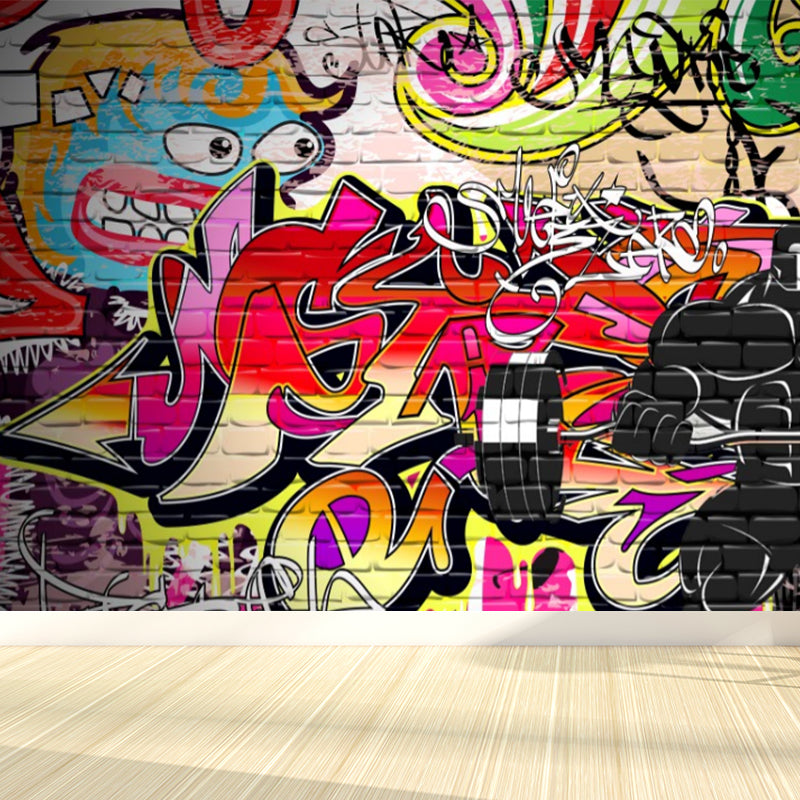 Graffiti Graphic Mural Wallpaper Pastel Color Modern Wall Covering for Living Room Red Clearhalo 'Wall Decor' 'Wall Mural' 1884949