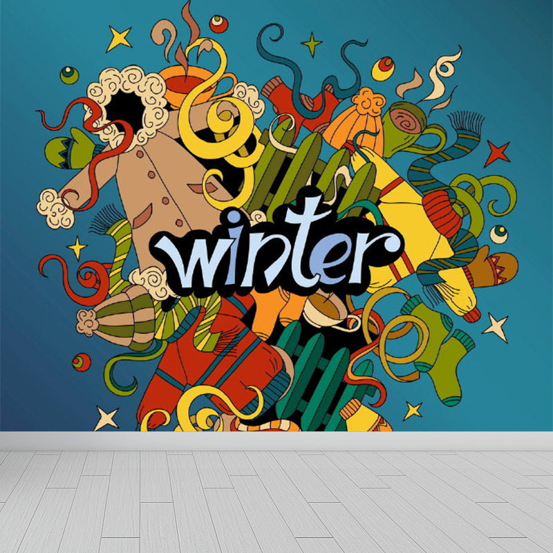 Contemporary Graffiti Pattern Mural Soft Color Stain Resistant Wall Art for Dining Room Dark Blue Clearhalo 'Wall Decor' 'Wall Mural' 1884989