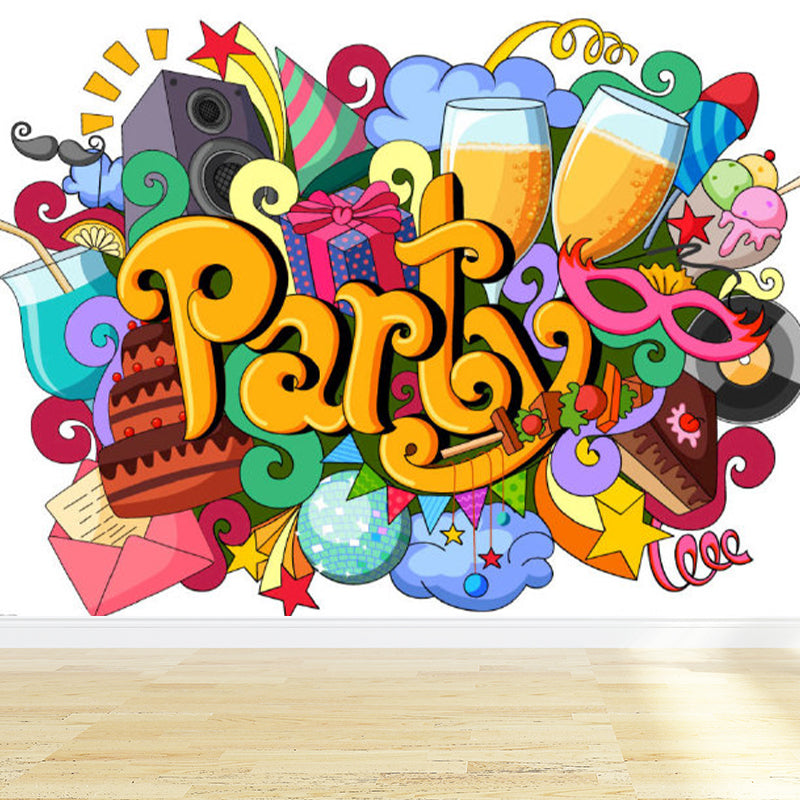 Bright Graffiti Graphic Mural Wallpaper Contemporary Non-Woven Wall Covering, Customised Yellow Clearhalo 'Wall Decor' 'Wall Mural' 1885039