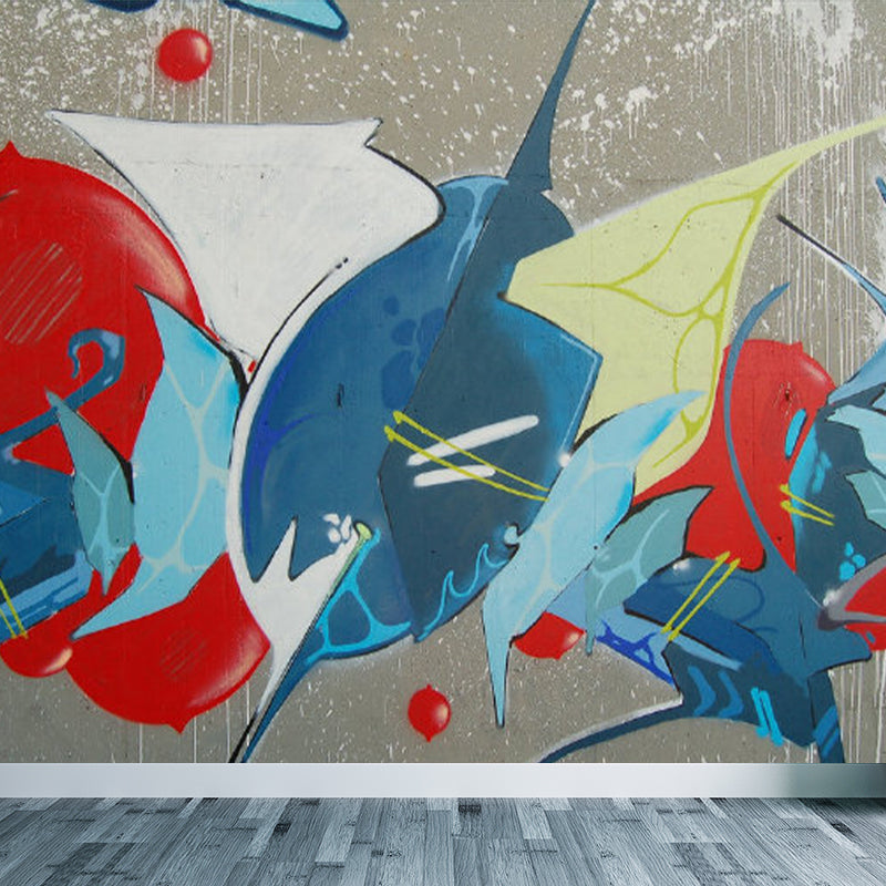 Pastel Color Graffiti Mural Wallpaper Modern Stain-Proof Wall Covering for Parlour Blue Clearhalo 'Wall Decor' 'Wall Mural' 1885219