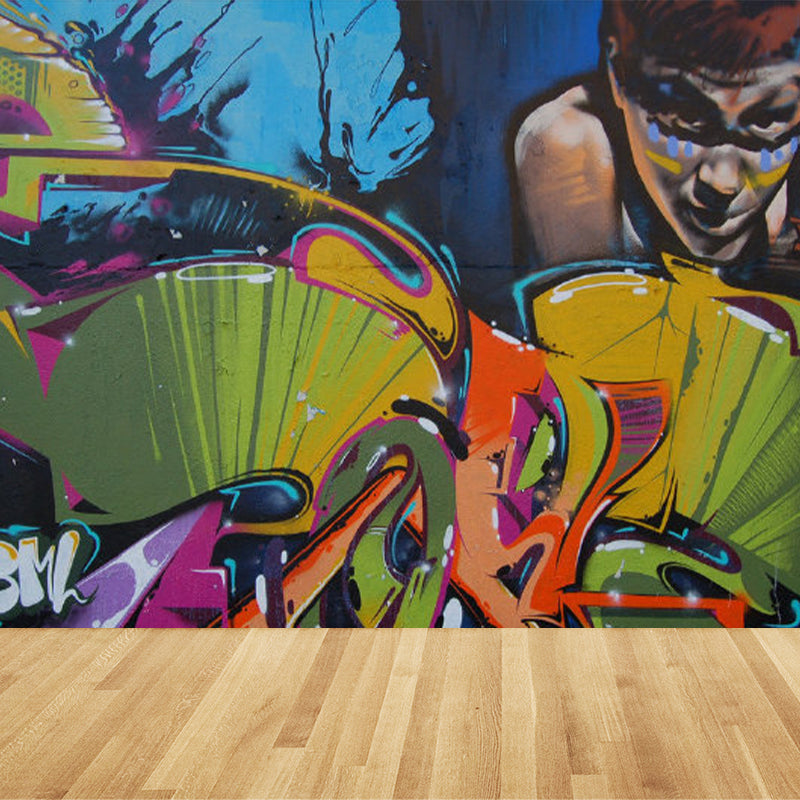 Pastel Color Graffiti Mural Wallpaper Modern Stain-Proof Wall Covering for Parlour Green Clearhalo 'Wall Decor' 'Wall Mural' 1885224