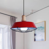 Wire Cage Metal Suspension Lamp with Barn Shade Retro Style 1 Bulb Dining Room Ceiling Fixture in Blue/Green/Red Red Clearhalo 'Art Deco Pendants' 'Cast Iron' 'Ceiling Lights' 'Ceramic' 'Crystal' 'Industrial Pendants' 'Industrial' 'Metal' 'Middle Century Pendants' 'Pendant Lights' 'Pendants' 'Tiffany' Lighting' 1885746
