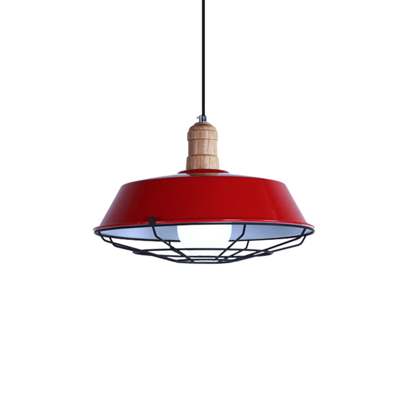 Wire Cage Metal Suspension Lamp with Barn Shade Retro Style 1 Bulb Dining Room Ceiling Fixture in Blue/Green/Red Clearhalo 'Art Deco Pendants' 'Cast Iron' 'Ceiling Lights' 'Ceramic' 'Crystal' 'Industrial Pendants' 'Industrial' 'Metal' 'Middle Century Pendants' 'Pendant Lights' 'Pendants' 'Tiffany' Lighting' 1885749