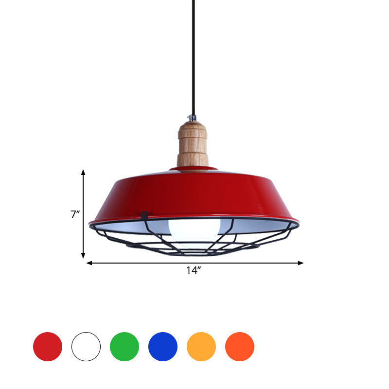 Wire Cage Metal Suspension Lamp with Barn Shade Retro Style 1 Bulb Dining Room Ceiling Fixture in Blue/Green/Red Clearhalo 'Art Deco Pendants' 'Cast Iron' 'Ceiling Lights' 'Ceramic' 'Crystal' 'Industrial Pendants' 'Industrial' 'Metal' 'Middle Century Pendants' 'Pendant Lights' 'Pendants' 'Tiffany' Lighting' 1885750