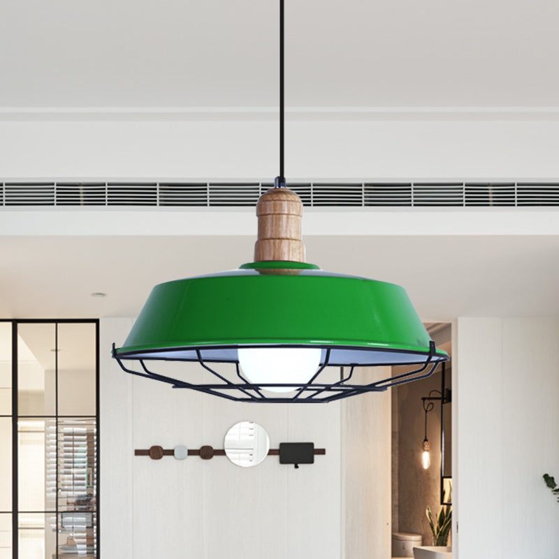Wire Cage Metal Suspension Lamp with Barn Shade Retro Style 1 Bulb Dining Room Ceiling Fixture in Blue/Green/Red Green Clearhalo 'Art Deco Pendants' 'Cast Iron' 'Ceiling Lights' 'Ceramic' 'Crystal' 'Industrial Pendants' 'Industrial' 'Metal' 'Middle Century Pendants' 'Pendant Lights' 'Pendants' 'Tiffany' Lighting' 1885755