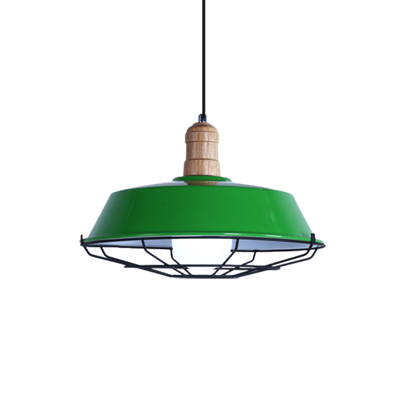 Wire Cage Metal Suspension Lamp with Barn Shade Retro Style 1 Bulb Dining Room Ceiling Fixture in Blue/Green/Red Clearhalo 'Art Deco Pendants' 'Cast Iron' 'Ceiling Lights' 'Ceramic' 'Crystal' 'Industrial Pendants' 'Industrial' 'Metal' 'Middle Century Pendants' 'Pendant Lights' 'Pendants' 'Tiffany' Lighting' 1885758