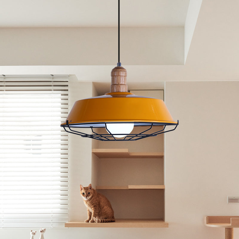 Wire Cage Metal Suspension Lamp with Barn Shade Retro Style 1 Bulb Dining Room Ceiling Fixture in Blue/Green/Red Clearhalo 'Art Deco Pendants' 'Cast Iron' 'Ceiling Lights' 'Ceramic' 'Crystal' 'Industrial Pendants' 'Industrial' 'Metal' 'Middle Century Pendants' 'Pendant Lights' 'Pendants' 'Tiffany' Lighting' 1885764