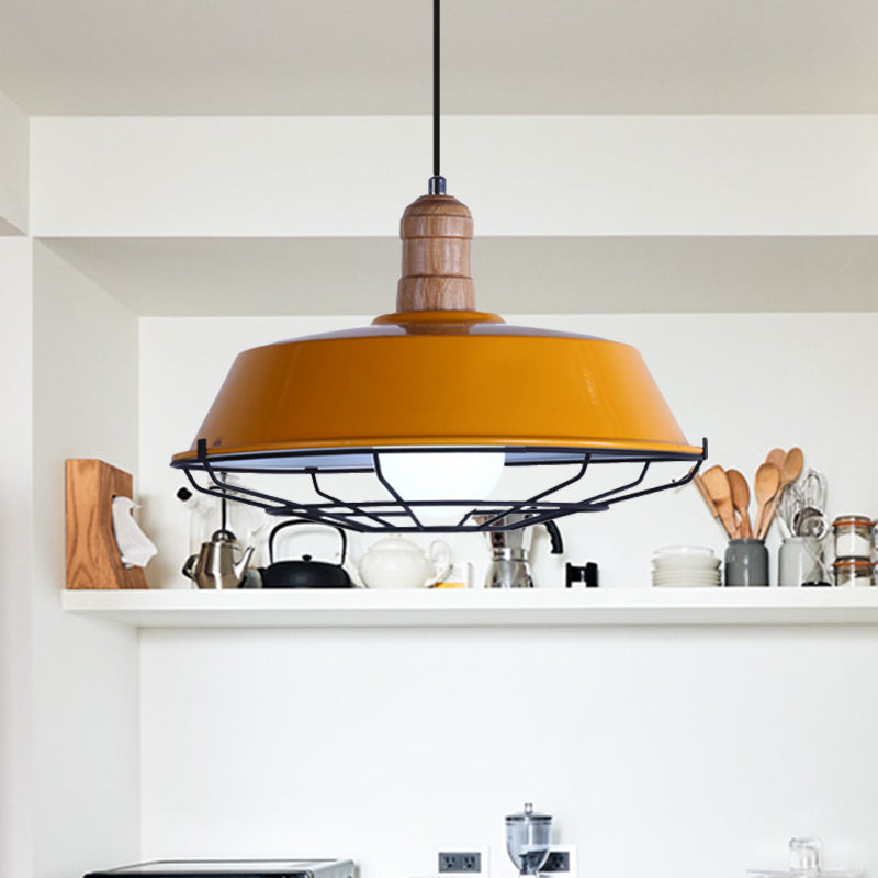 Wire Cage Metal Suspension Lamp with Barn Shade Retro Style 1 Bulb Dining Room Ceiling Fixture in Blue/Green/Red Clearhalo 'Art Deco Pendants' 'Cast Iron' 'Ceiling Lights' 'Ceramic' 'Crystal' 'Industrial Pendants' 'Industrial' 'Metal' 'Middle Century Pendants' 'Pendant Lights' 'Pendants' 'Tiffany' Lighting' 1885765