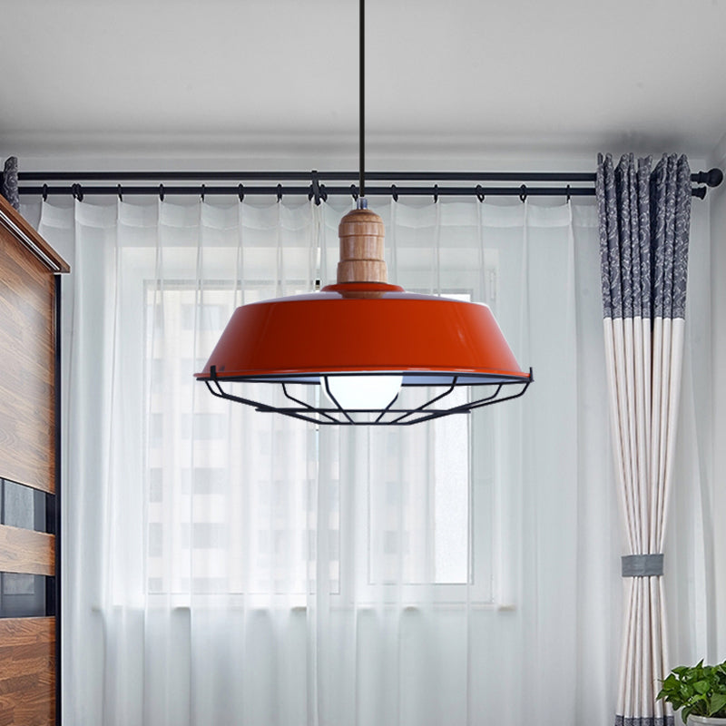 Wire Cage Metal Suspension Lamp with Barn Shade Retro Style 1 Bulb Dining Room Ceiling Fixture in Blue/Green/Red Clearhalo 'Art Deco Pendants' 'Cast Iron' 'Ceiling Lights' 'Ceramic' 'Crystal' 'Industrial Pendants' 'Industrial' 'Metal' 'Middle Century Pendants' 'Pendant Lights' 'Pendants' 'Tiffany' Lighting' 1885768