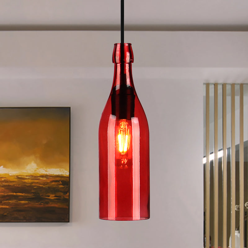 Wine Bottle Glass Hanging Light Vintage Stylish 1 Light Restaurant Ceiling Pendant Fixture in Red/Yellow Red Clearhalo 'Ceiling Lights' 'Close To Ceiling Lights' 'Glass shade' 'Glass' 'Industrial Pendants' 'Industrial' 'Middle Century Pendants' 'Pendant Lights' 'Pendants' 'Tiffany' Lighting' 1885819