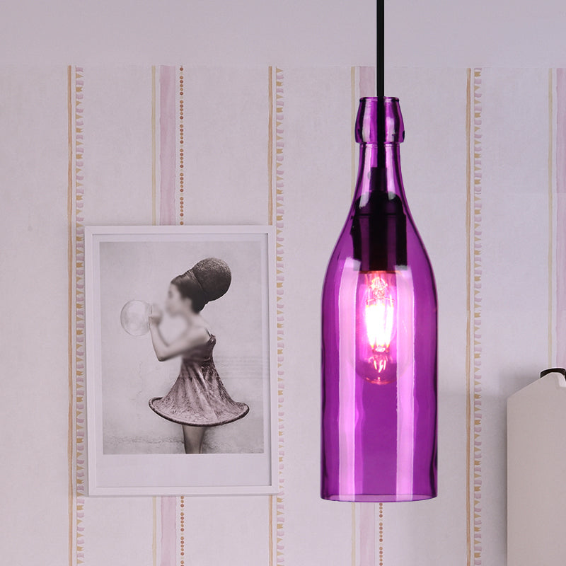Wine Bottle Glass Hanging Light Vintage Stylish 1 Light Restaurant Ceiling Pendant Fixture in Red/Yellow Purple Clearhalo 'Ceiling Lights' 'Close To Ceiling Lights' 'Glass shade' 'Glass' 'Industrial Pendants' 'Industrial' 'Middle Century Pendants' 'Pendant Lights' 'Pendants' 'Tiffany' Lighting' 1885824