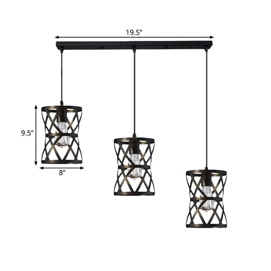 Cylindrical Metal Suspension Light Farmhouse 3 Heads Living Room Pendant Lamp with Cage Shade in Black Clearhalo 'Art Deco Pendants' 'Black' 'Cast Iron' 'Ceiling Lights' 'Ceramic' 'Crystal' 'Industrial Pendants' 'Industrial' 'Metal' 'Middle Century Pendants' 'Pendant Lights' 'Pendants' 'Rustic Pendants' 'Tiffany' Lighting' 1885850