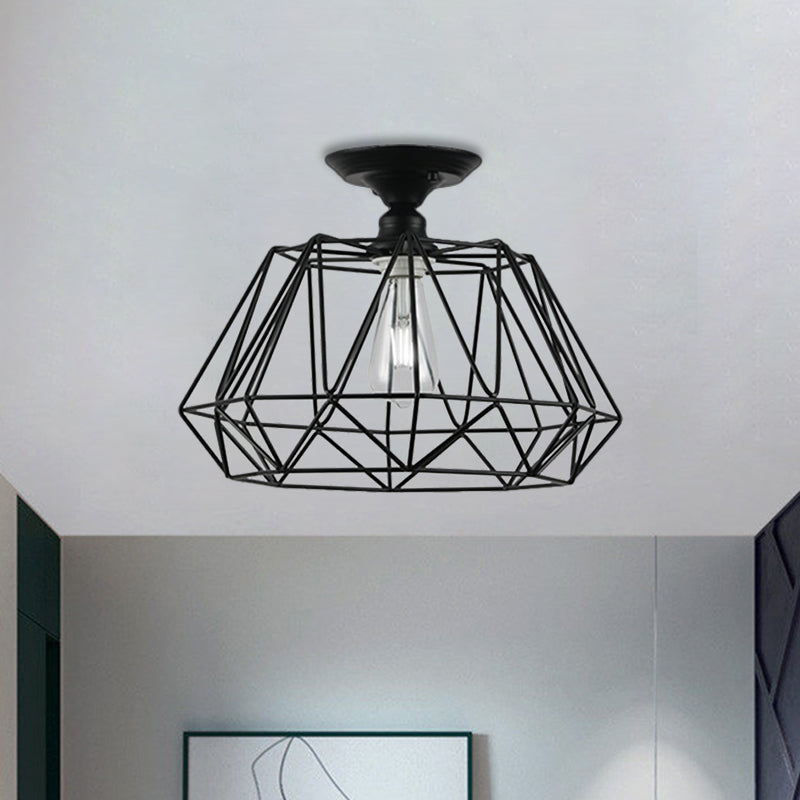 Loft Industrial Cage Diamond/Trapezoid Close to Ceiling Light 1 Head Metallic Ceiling Light Fixture in Black for Corridor Clearhalo 'Ceiling Lights' 'Close To Ceiling Lights' 'Close to ceiling' 'Semi-flushmount' Lighting' 1886062