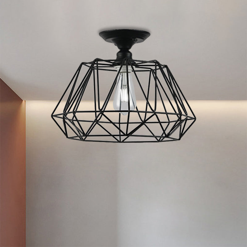 Loft Industrial Cage Diamond/Trapezoid Close to Ceiling Light 1 Head Metallic Ceiling Light Fixture in Black for Corridor Clearhalo 'Ceiling Lights' 'Close To Ceiling Lights' 'Close to ceiling' 'Semi-flushmount' Lighting' 1886063