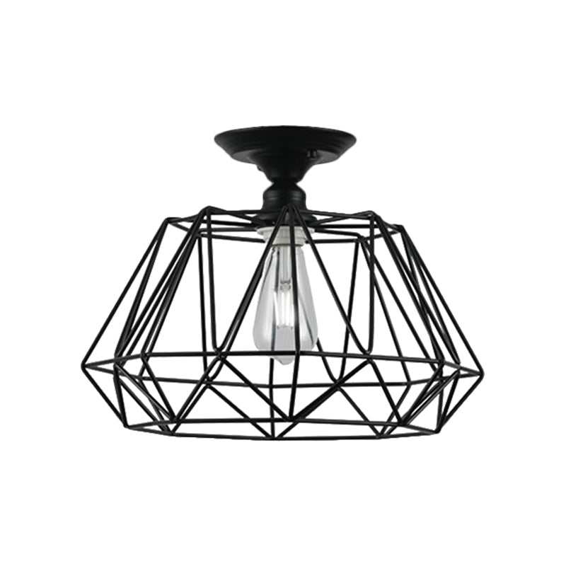 Loft Industrial Cage Diamond/Trapezoid Close to Ceiling Light 1 Head Metallic Ceiling Light Fixture in Black for Corridor Clearhalo 'Ceiling Lights' 'Close To Ceiling Lights' 'Close to ceiling' 'Semi-flushmount' Lighting' 1886064