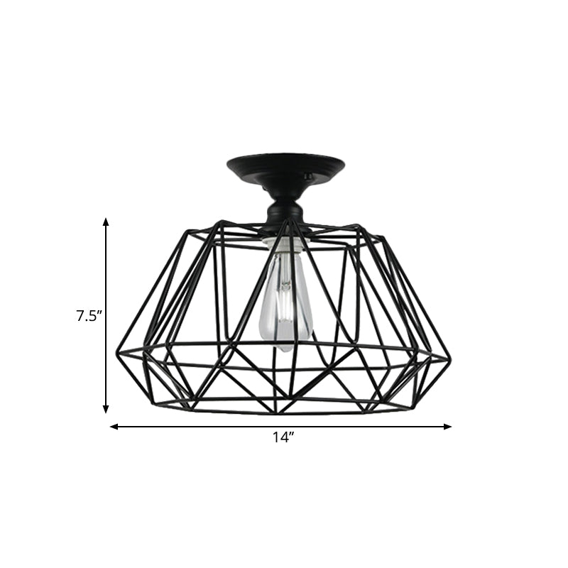 Loft Industrial Cage Diamond/Trapezoid Close to Ceiling Light 1 Head Metallic Ceiling Light Fixture in Black for Corridor Clearhalo 'Ceiling Lights' 'Close To Ceiling Lights' 'Close to ceiling' 'Semi-flushmount' Lighting' 1886065