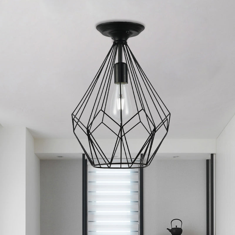 Loft Industrial Cage Diamond/Trapezoid Close to Ceiling Light 1 Head Metallic Ceiling Light Fixture in Black for Corridor Black Diamond Clearhalo 'Ceiling Lights' 'Close To Ceiling Lights' 'Close to ceiling' 'Semi-flushmount' Lighting' 1886066