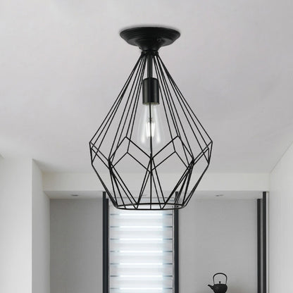 Loft Industrial Cage Diamond/Trapezoid Close to Ceiling Light 1 Head Metallic Ceiling Light Fixture in Black for Corridor Black Diamond Clearhalo 'Ceiling Lights' 'Close To Ceiling Lights' 'Close to ceiling' 'Semi-flushmount' Lighting' 1886066