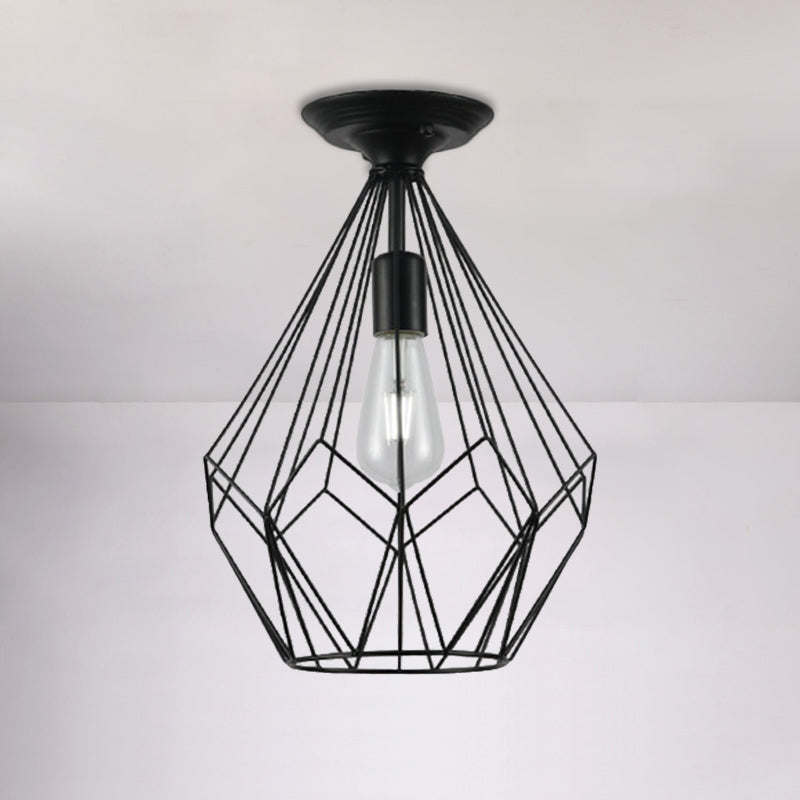 Loft Industrial Cage Diamond/Trapezoid Close to Ceiling Light 1 Head Metallic Ceiling Light Fixture in Black for Corridor Clearhalo 'Ceiling Lights' 'Close To Ceiling Lights' 'Close to ceiling' 'Semi-flushmount' Lighting' 1886067