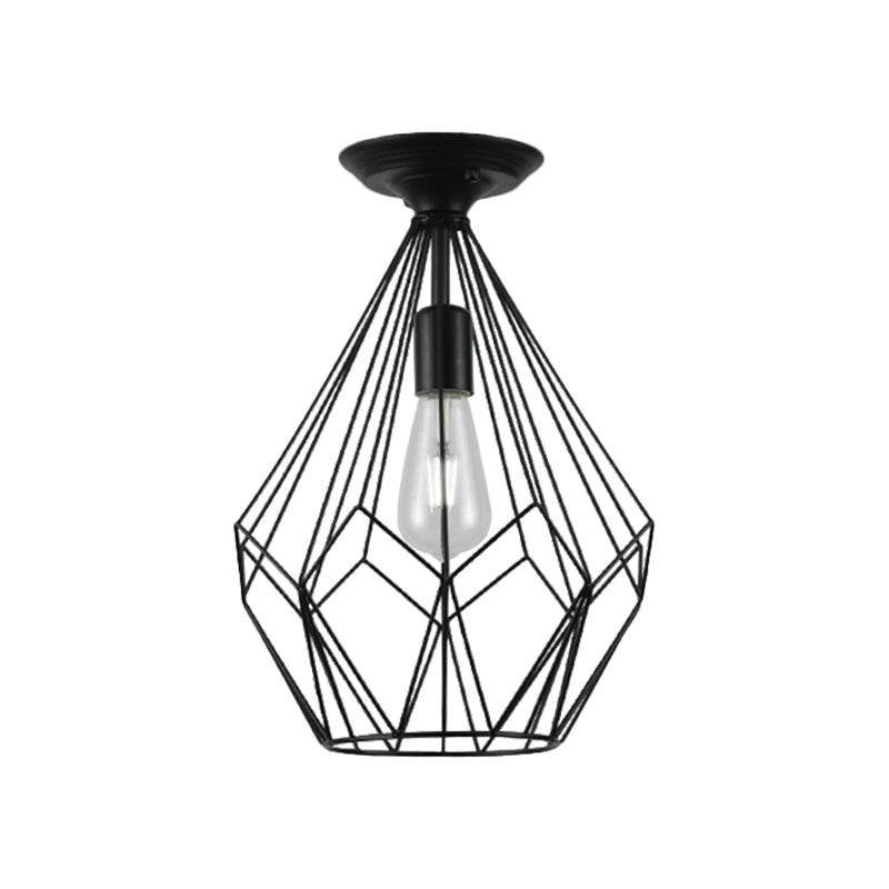 Loft Industrial Cage Diamond/Trapezoid Close to Ceiling Light 1 Head Metallic Ceiling Light Fixture in Black for Corridor Clearhalo 'Ceiling Lights' 'Close To Ceiling Lights' 'Close to ceiling' 'Semi-flushmount' Lighting' 1886068