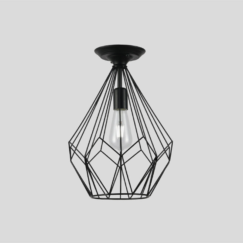 Loft Industrial Cage Diamond/Trapezoid Close to Ceiling Light 1 Head Metallic Ceiling Light Fixture in Black for Corridor Clearhalo 'Ceiling Lights' 'Close To Ceiling Lights' 'Close to ceiling' 'Semi-flushmount' Lighting' 1886069