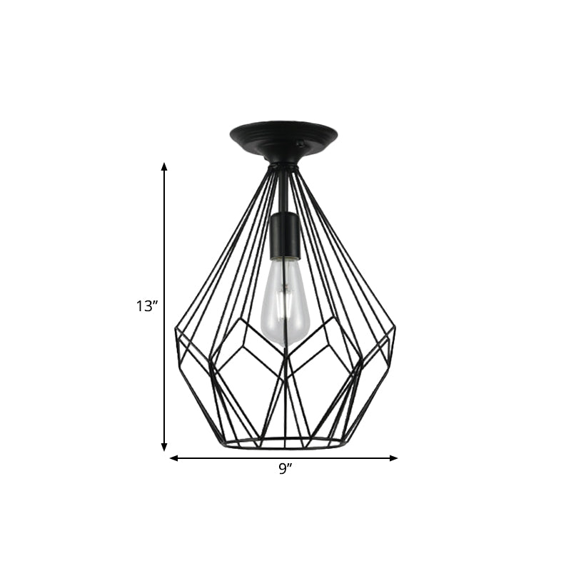 Loft Industrial Cage Diamond/Trapezoid Close to Ceiling Light 1 Head Metallic Ceiling Light Fixture in Black for Corridor Clearhalo 'Ceiling Lights' 'Close To Ceiling Lights' 'Close to ceiling' 'Semi-flushmount' Lighting' 1886070
