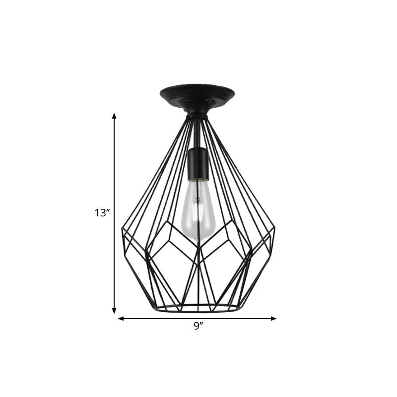 Loft Industrial Cage Diamond/Trapezoid Close to Ceiling Light 1 Head Metallic Ceiling Light Fixture in Black for Corridor Clearhalo 'Ceiling Lights' 'Close To Ceiling Lights' 'Close to ceiling' 'Semi-flushmount' Lighting' 1886070