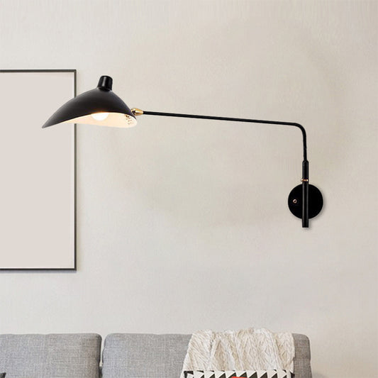 Industrial Conic Wall Sconce Light 1 Light Metallic Sconce Lamp with Long Arm in Black/White for Living Room Black Clearhalo 'Art deco wall lights' 'Cast Iron' 'Glass' 'Industrial wall lights' 'Industrial' 'Middle century wall lights' 'Modern' 'Rustic wall lights' 'Tiffany' 'Traditional wall lights' 'Wall Lamps & Sconces' 'Wall Lights' Lighting' 1886071