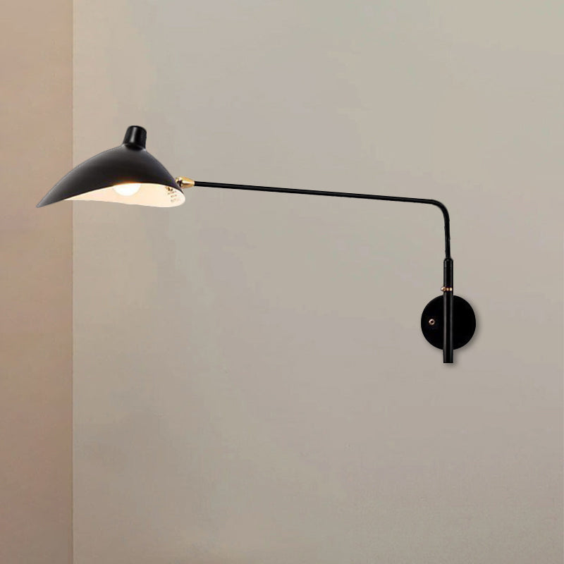 Industrial Conic Wall Sconce Light 1 Light Metallic Sconce Lamp with Long Arm in Black/White for Living Room Clearhalo 'Art deco wall lights' 'Cast Iron' 'Glass' 'Industrial wall lights' 'Industrial' 'Middle century wall lights' 'Modern' 'Rustic wall lights' 'Tiffany' 'Traditional wall lights' 'Wall Lamps & Sconces' 'Wall Lights' Lighting' 1886072