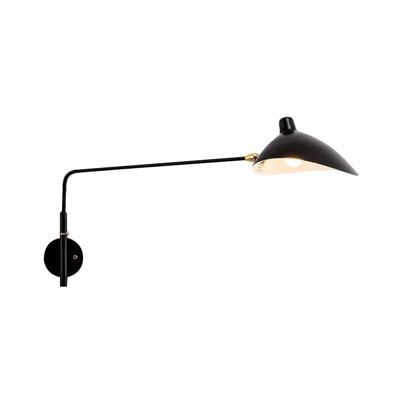 Industrial Conic Wall Sconce Light 1 Light Metallic Sconce Lamp with Long Arm in Black/White for Living Room Clearhalo 'Art deco wall lights' 'Cast Iron' 'Glass' 'Industrial wall lights' 'Industrial' 'Middle century wall lights' 'Modern' 'Rustic wall lights' 'Tiffany' 'Traditional wall lights' 'Wall Lamps & Sconces' 'Wall Lights' Lighting' 1886074