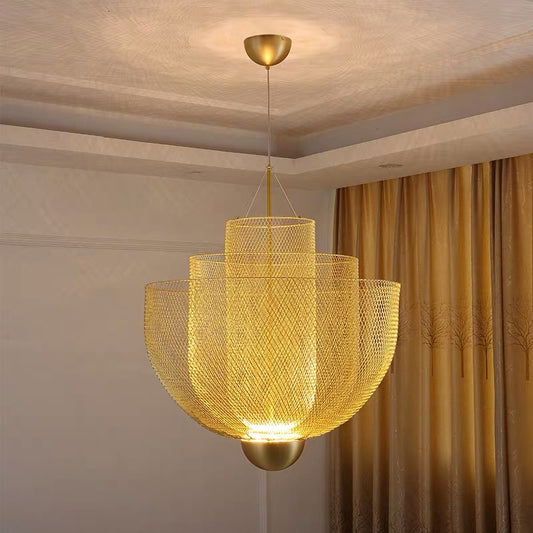Wire Mesh Bowl Chandelier Light LED Post Modern Hanging Pendant Light in Gold/Silver Gold Clearhalo 'Ceiling Lights' 'Chandeliers' 'Modern Chandeliers' 'Modern' Lighting' 1886131