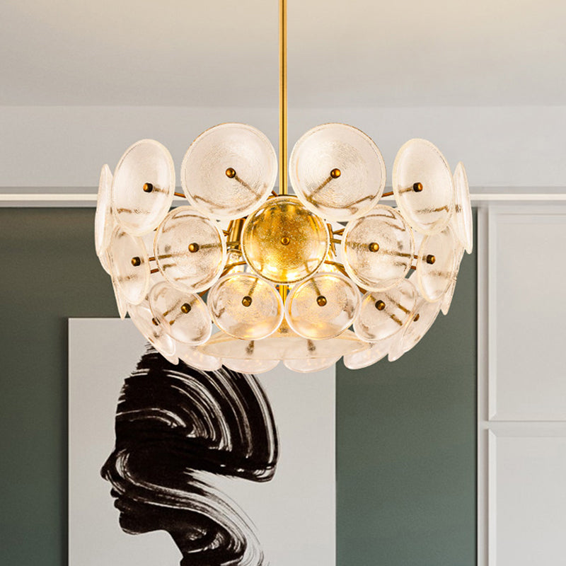 Clear Glass Disc Chandelier Lighting Triple Light Post Modern Hanging Lamp in Gold Finish Gold 23.5" Clearhalo 'Ceiling Lights' 'Chandeliers' 'Glass shade' 'Glass' 'Modern Chandeliers' 'Modern' 'Pendant Lights' Lighting' 1886135