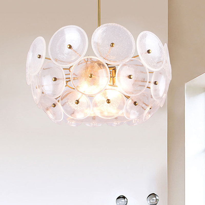 Clear Glass Disc Chandelier Lighting Triple Light Post Modern Hanging Lamp in Gold Finish Clearhalo 'Ceiling Lights' 'Chandeliers' 'Glass shade' 'Glass' 'Modern Chandeliers' 'Modern' 'Pendant Lights' Lighting' 1886136