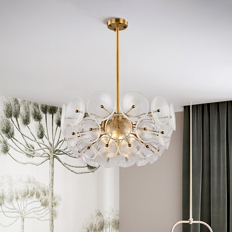 Clear Glass Disc Chandelier Lighting Triple Light Post Modern Hanging Lamp in Gold Finish Clearhalo 'Ceiling Lights' 'Chandeliers' 'Glass shade' 'Glass' 'Modern Chandeliers' 'Modern' 'Pendant Lights' Lighting' 1886137