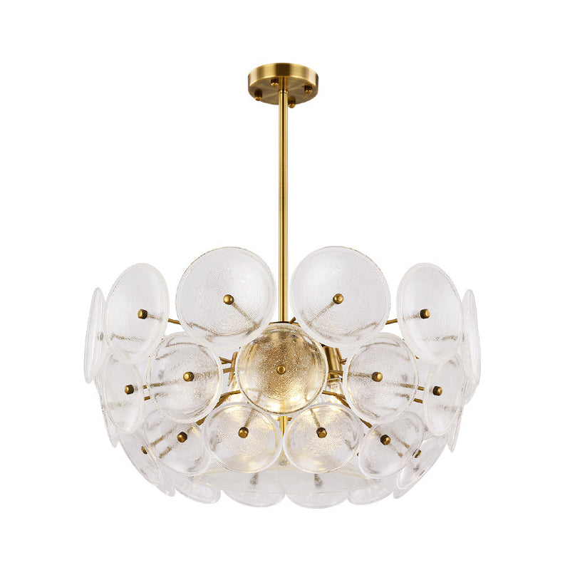 Clear Glass Disc Chandelier Lighting Triple Light Post Modern Hanging Lamp in Gold Finish Clearhalo 'Ceiling Lights' 'Chandeliers' 'Glass shade' 'Glass' 'Modern Chandeliers' 'Modern' 'Pendant Lights' Lighting' 1886138