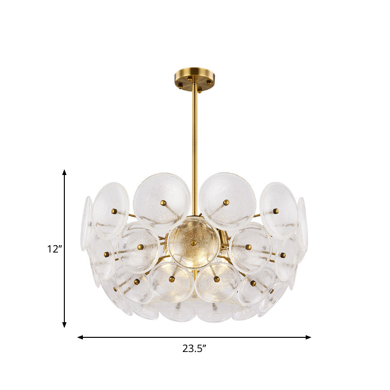 Clear Glass Disc Chandelier Lighting Triple Light Post Modern Hanging Lamp in Gold Finish Clearhalo 'Ceiling Lights' 'Chandeliers' 'Glass shade' 'Glass' 'Modern Chandeliers' 'Modern' 'Pendant Lights' Lighting' 1886139
