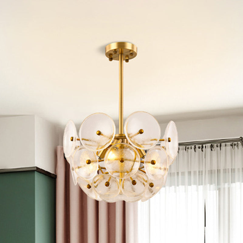 Clear Glass Disc Chandelier Lighting Triple Light Post Modern Hanging Lamp in Gold Finish Clearhalo 'Ceiling Lights' 'Chandeliers' 'Glass shade' 'Glass' 'Modern Chandeliers' 'Modern' 'Pendant Lights' Lighting' 1886141