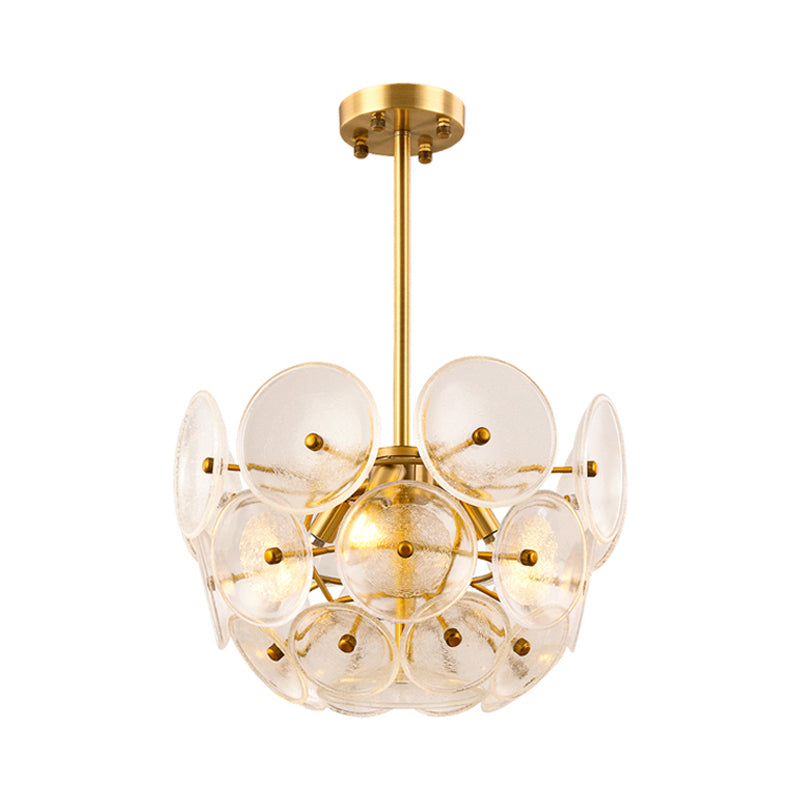 Clear Glass Disc Chandelier Lighting Triple Light Post Modern Hanging Lamp in Gold Finish Clearhalo 'Ceiling Lights' 'Chandeliers' 'Glass shade' 'Glass' 'Modern Chandeliers' 'Modern' 'Pendant Lights' Lighting' 1886142